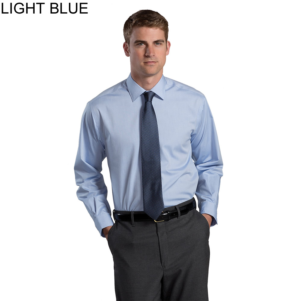 light blue dress shirt with grey pants